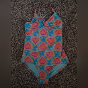 Lands' End Blue & Orange Heart Kids Swimsuit, Size 8
